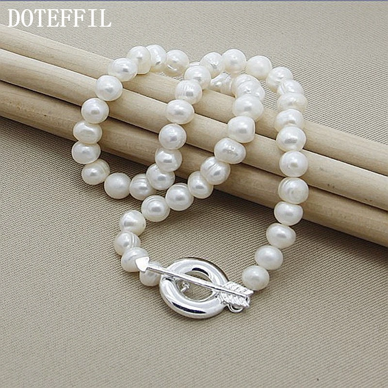 

DOTEFFIL 8mm Natural Pearl Beads Necklace 925 Sterling Silver Arrow For Women Wedding Engagement Fashion Jewelry