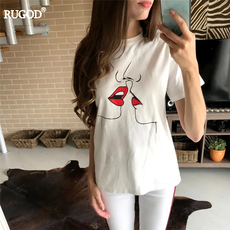 RUGOD 2020 летняя Горячая Распродажа Kawaii Red Kiss принт хлопковая Футболка Harajuku Женская