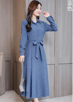 

2019 Korean version of the slim slimming long spring and autumn new long-sleeved cotton and linen dress Party dress