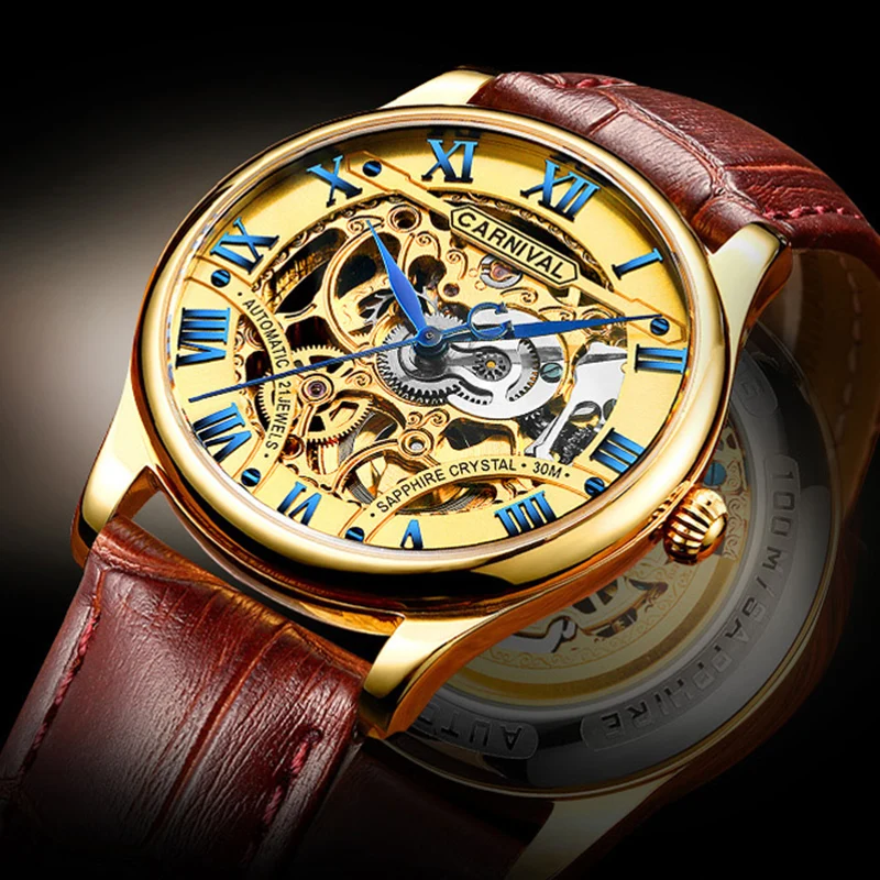 Carnival Relogio Masculino Wrist Watch Golden Men Automatic Hollow Transparent Mechanical Male Steel Band Watches Casual Clock | Наручные