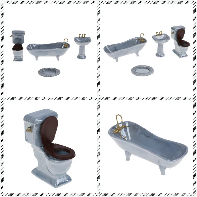 

4pcs/Set Toilet Basin Bathtub Furniture Toys 1:12 Doll House Miniature Blue Porcelain Bathroom Set