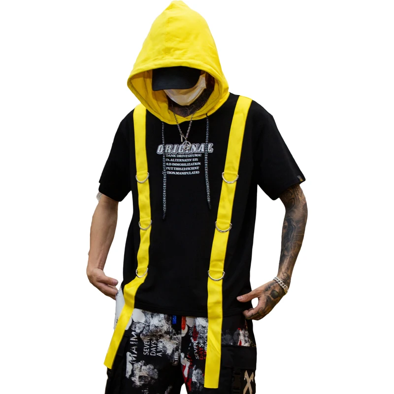 

Summer Hip hop hooded hoodies men Patchwork Short sleeve Yellow Red color