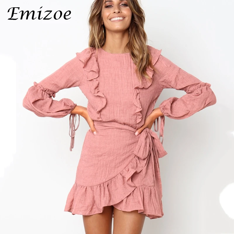 Emizoe Ruffle wrap короткое платье женские 2018 осенью новый розовый Мини вечернее
