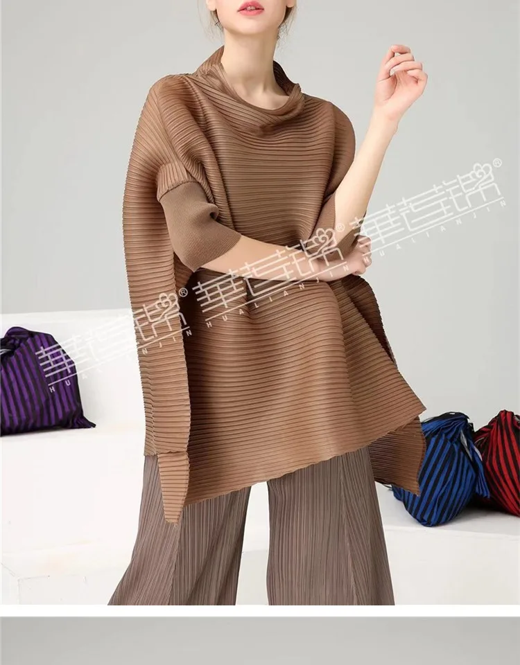 Changpleat Весенняя свободная Асимметричная Женская футболка Топы Miyak плиссированные модные футболки со стоячим воротником и рукавами летучая мышь большого размера