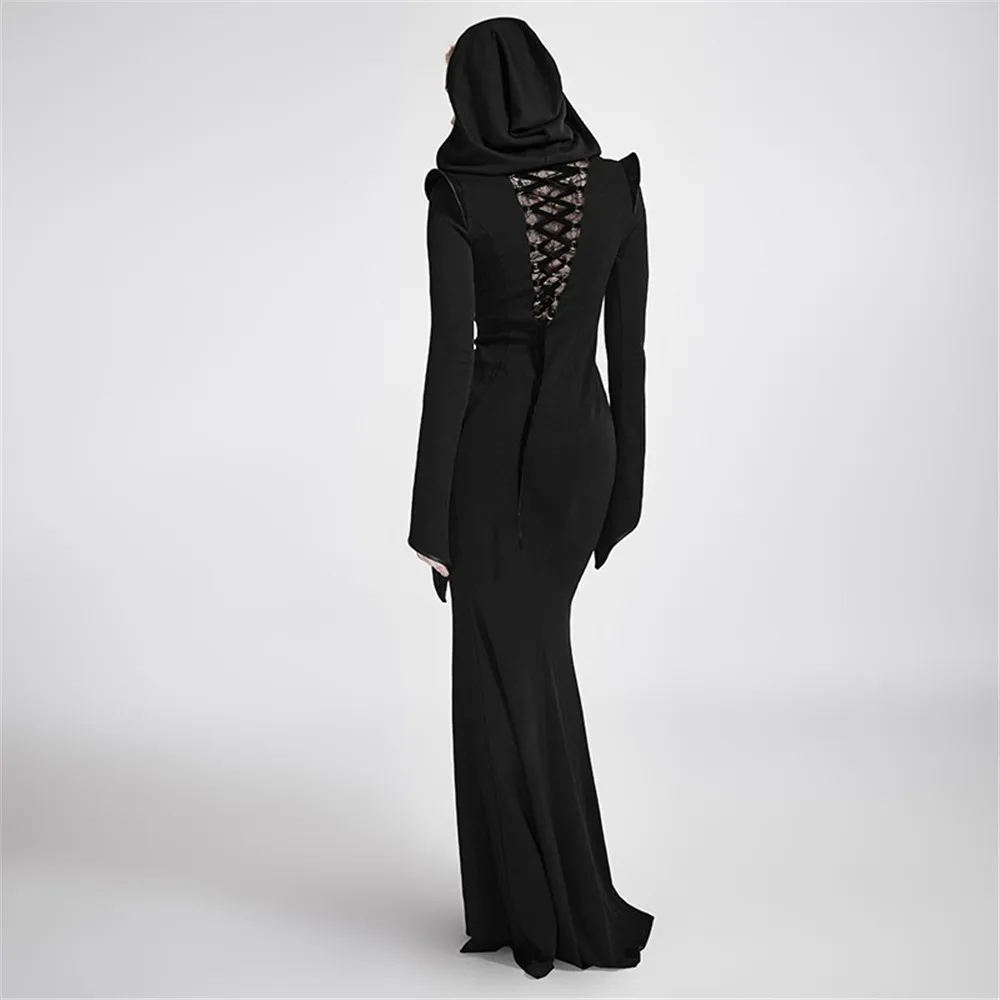 Женское облегающее платье Черное длинное с капюшоном в стиле панк|sexy party dress|maxi