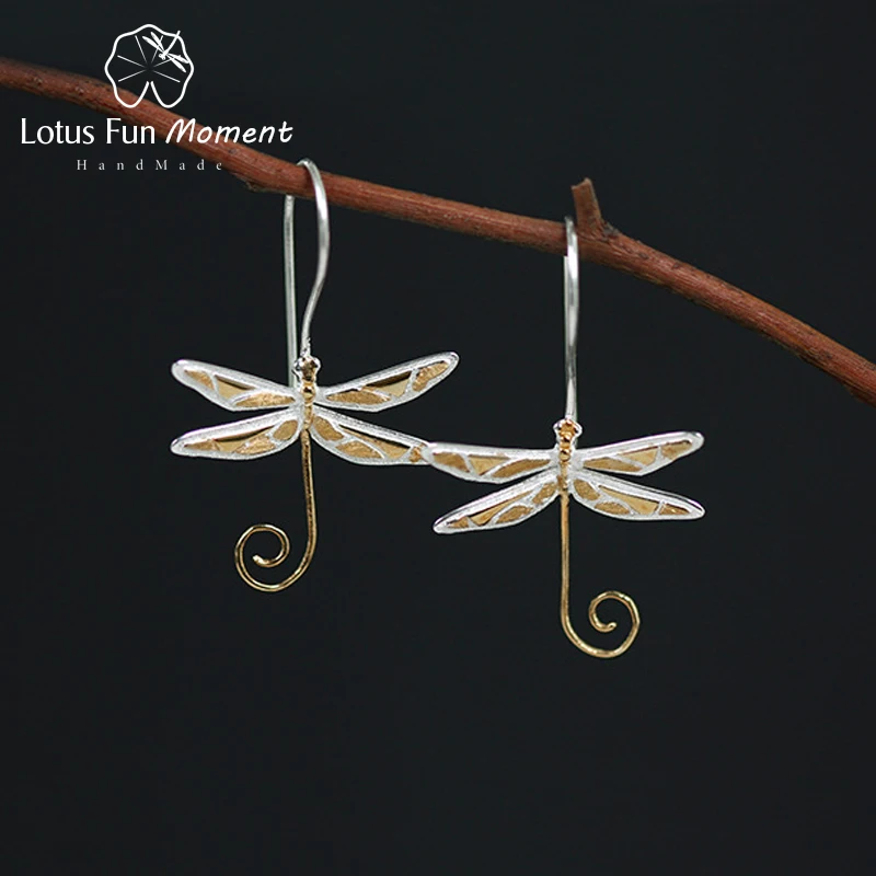 Lotus Fun Moment реального 925 пробы серебро Природный Стиль ручной работы Модные украшения Симпатичные Стрекоза серьги для Для женщин Brincos