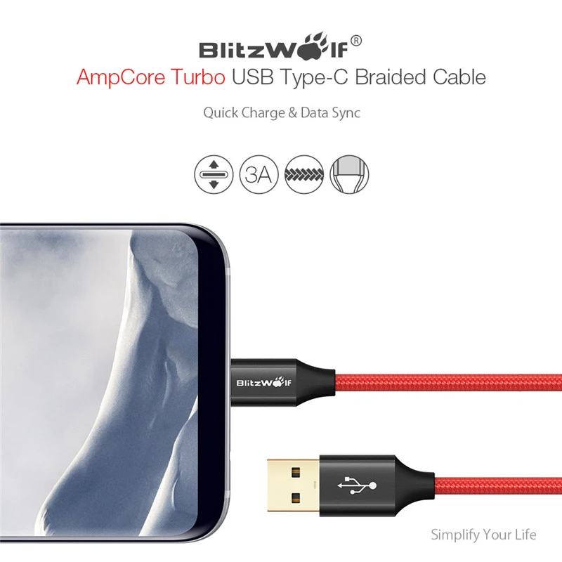 BlitzWolf кабель USB тип-С кабель 1m 1.8m для зарядки мобильного телефона для Xiaomi для Macbook