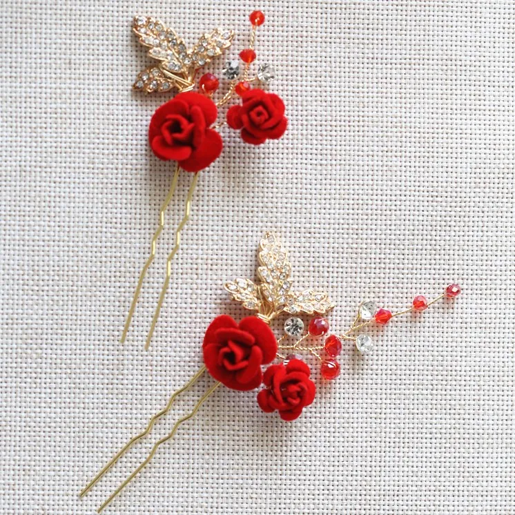 Jonnafe Pretty Red Rose Foral Hair Comb Bridal Pins Handmade Women Prom Jewelry Wedding Accessories Bridesmaid Headpiece | Украшения и