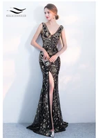 solovedress double v neck v back mermaid sequin evening dress with high slit soft fabric sleeveless bodycon formal gown e712