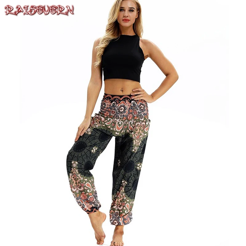 

Женские тайские шаровары raisvern, летние повседневные свободные брюки с высокой эластичной талией, индийские фолк, хиппи, Аладдин, брюки бохо
