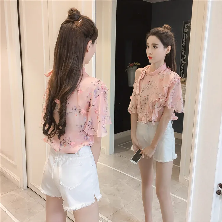 2020 Summer New Arrival Chiffon Blouse Loose Off Lotus Leaf Edge Ruffles Floral With Bow Free Shipping | Женская одежда