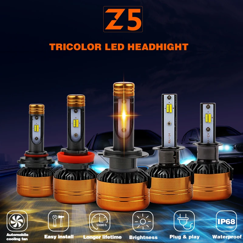 Vicmax три Цвет светодиодные фары Наборы Z5 H1 H7 H11 H4/9003/HB2 50 Вт 4300 К 5800lm желтый и белый