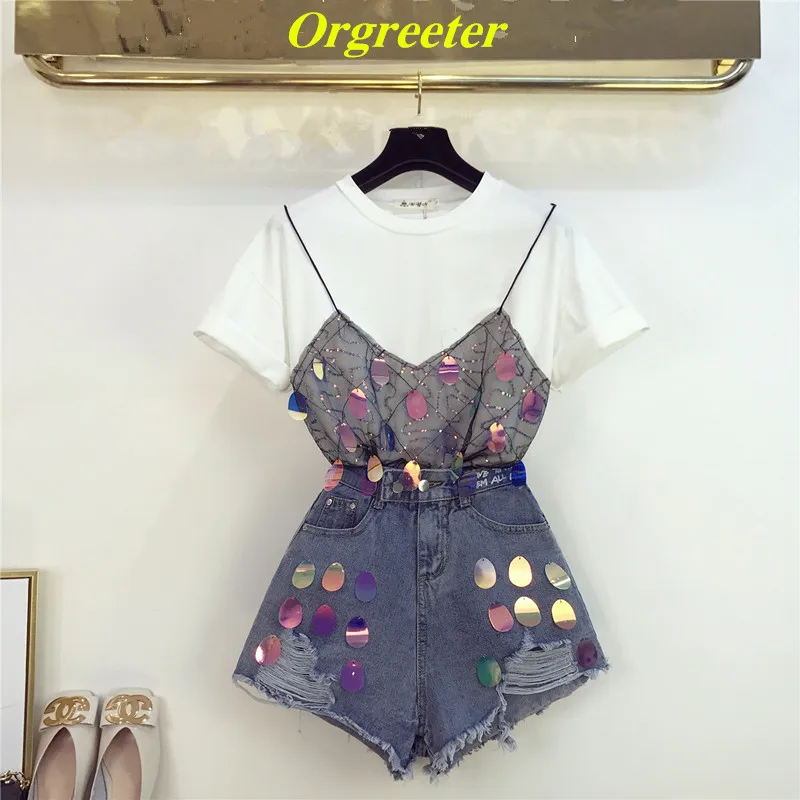 Футболка с пайетками и Джинсовые шорты Комплект из двух предметов жилет