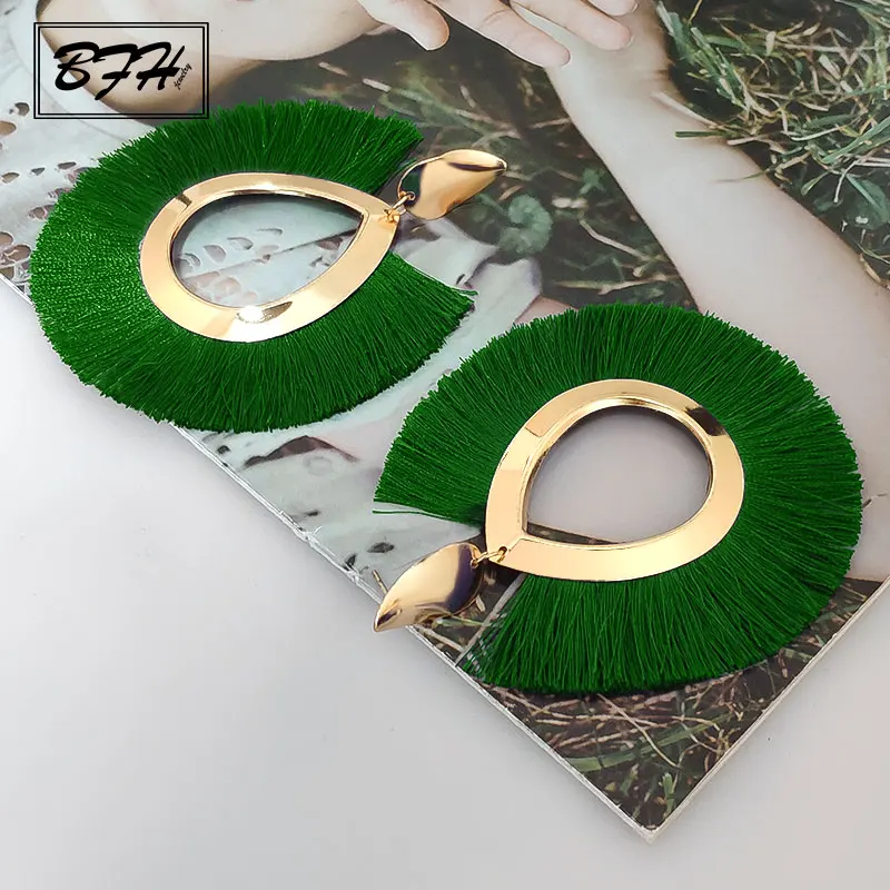 Green 1 BFH модные богемные серьги с большими кисточками массивные большие серьги ручной работы Подвесные серьги с кисточкой для женщин Za ювелирные изделия - Окраска металла: Green 1