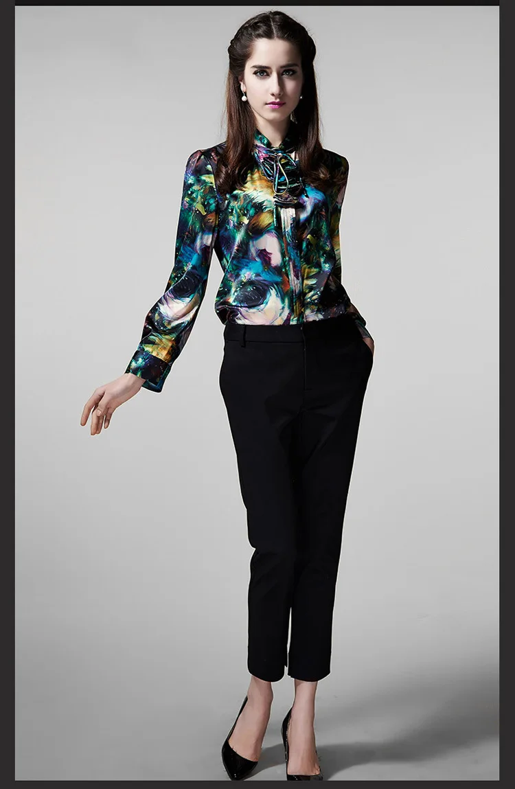 Рубашка из 100% шелка и сатина Женская с принтом новая модель Весенняя рубашка