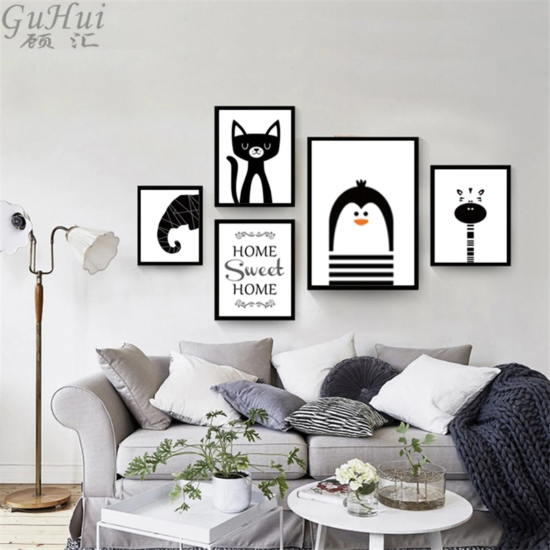 Nordic Cartoon Black And White Animals Elephant Bear Canvas Painting Penguin Cat Posters Prints Wall Pictures Kids Room Decor | Дом и сад