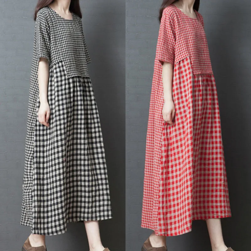 Женские свободные плюс размер удобные нерегулярные строчки плед длинное платье |