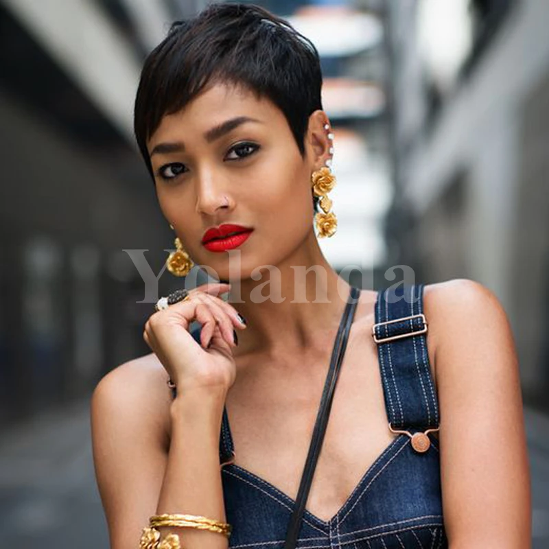 Бразильский Натуральный Черный Волосы Короткие Человеческих Стричь Парики