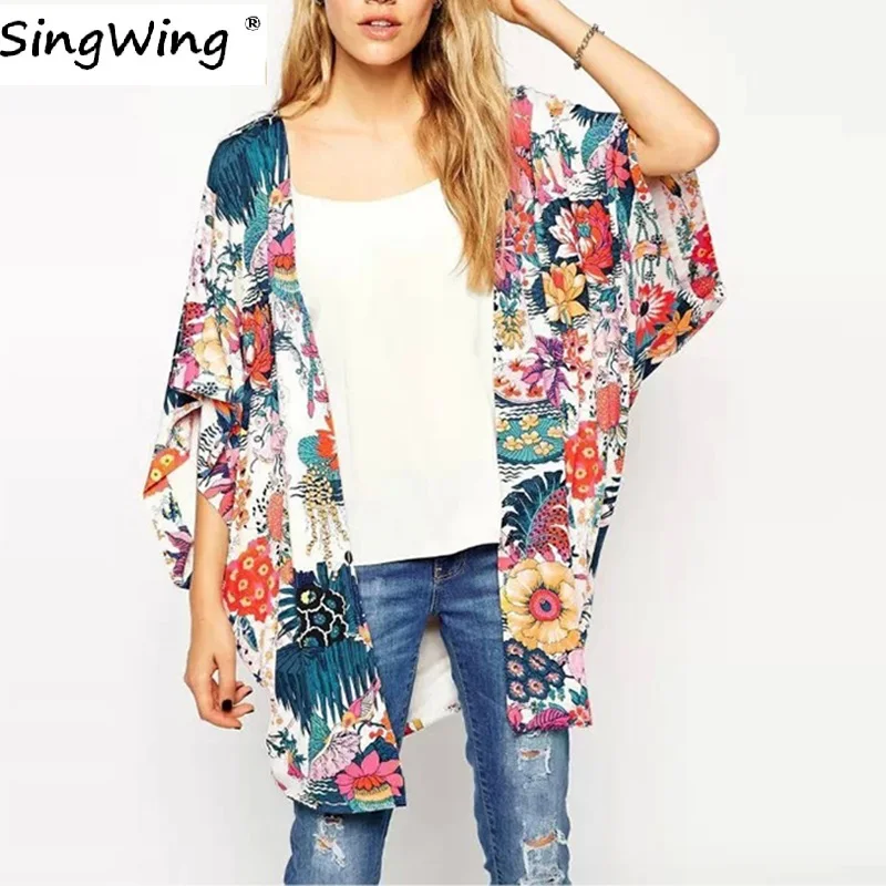 Singwing Women Summer Kimono Print Floral Blouses Loose Type Chiffon Kimonos Regular Printed bohemian Blouse | Женская одежда