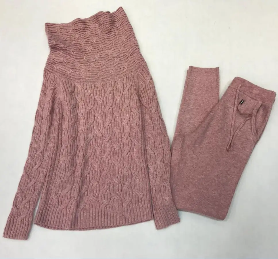 

Cashmere + Woolen twist Knit warm sets slash neck Velvet Sweater + Mink Cashmere Trousers Two-pieces elastic wool suits wq112