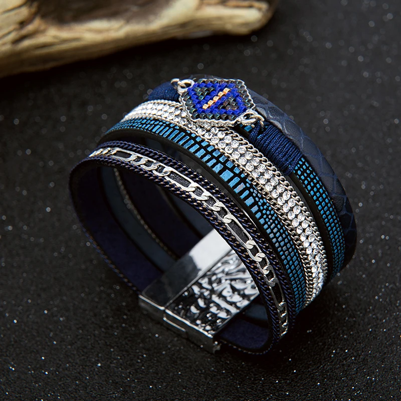 LAN CUI Fashion Alloy Crystal Beads Wide Magnetic Leather bracelets &amp bangles Multilayer Bracelets Ethnic Jewelry for Women Gift |