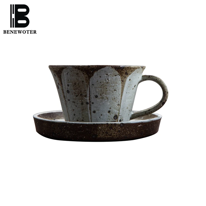 

280ml Japanese Style Handmade Coarse Pottery Coffee Cup with Sasucer kit Cappuccino Mug Afternoon Tea Vintage Cup Drinkware Gift