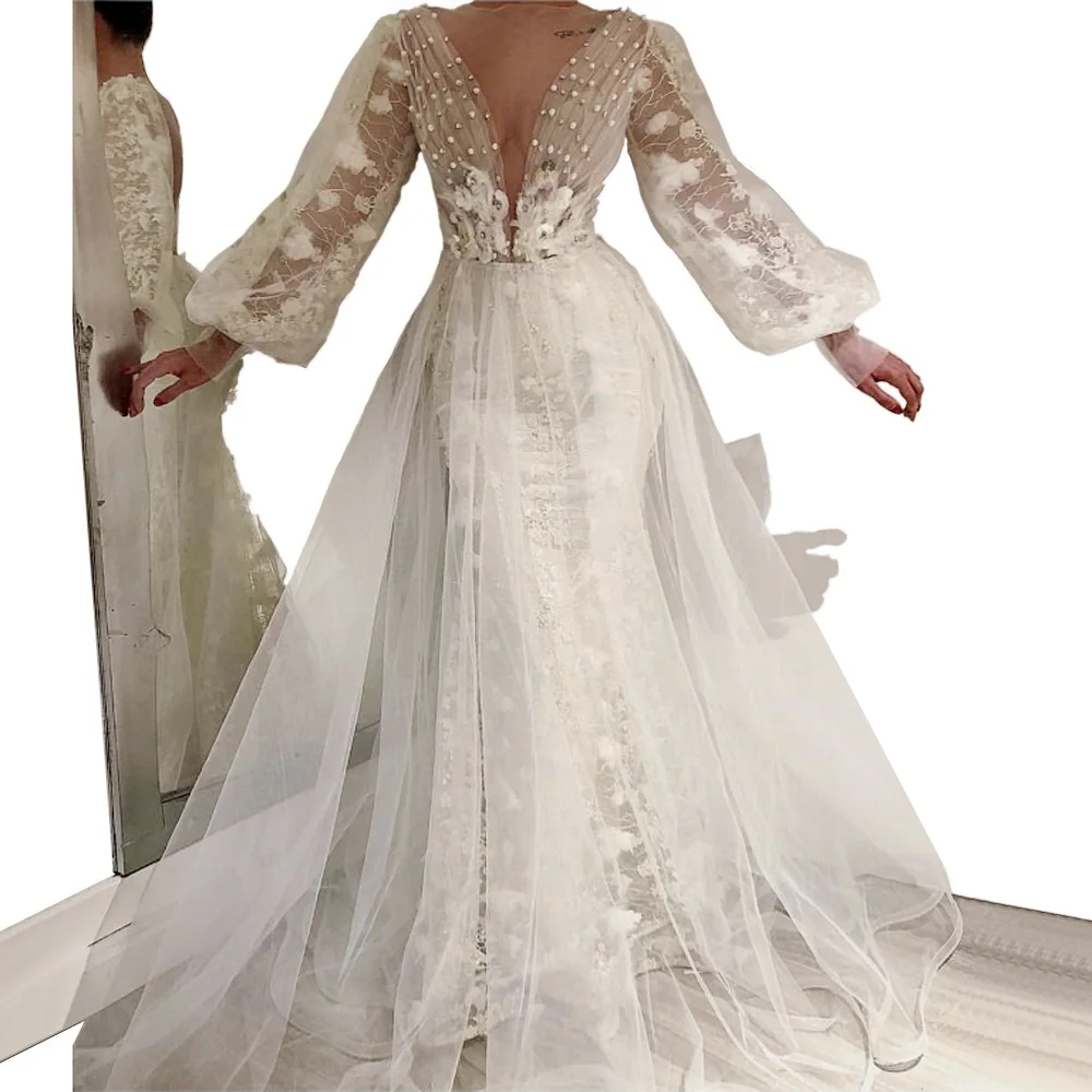 Женское вечернее платье с бусинами белое фатиновое длинными рукавами-фонариками