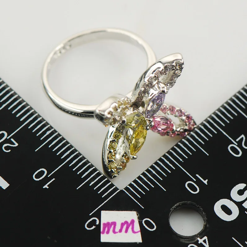 Женское кольцо с розовым кристаллом циркония Peridot желтое и фиолетовое фианитом 925