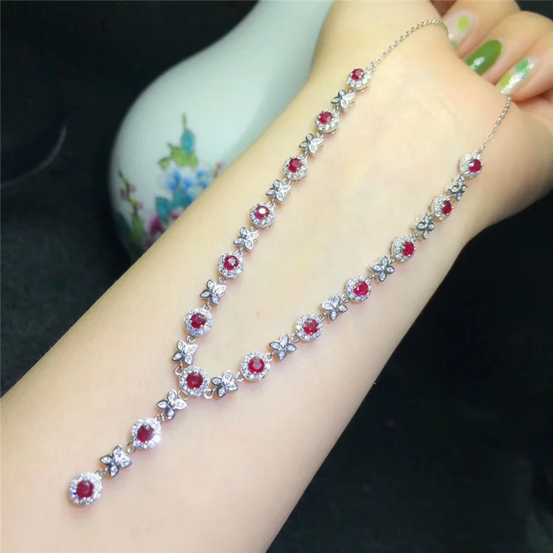 ?? オリジナルルビーファインジュエリーネックレス女性のためのパーティー記念豪華な本物のレッド宝石ネックレス 925 スターリングシルバー #660
