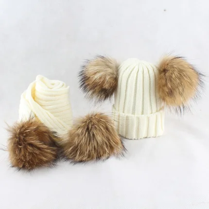 white hat scarf set 4 предмета, шапка с помпоном, шарф, детская зимняя шапочка, зимняя шапка для мальчиков и девочек, детские шапки с помпонами из натурального меха, детская трикотажная шапка и шарф - Цвет: white hat scarf set