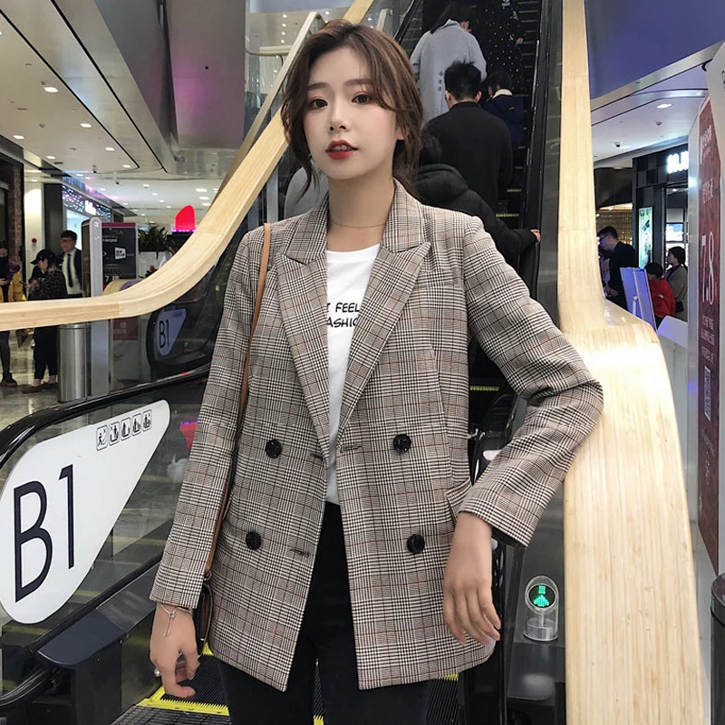 Винтаж Зубчатый Бубль плед для женщин блейзер утолщаются осень зима куртки