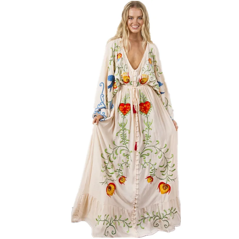 Женское винтажное платье с вышивкой хлопковое макси V образным вырезом длинным