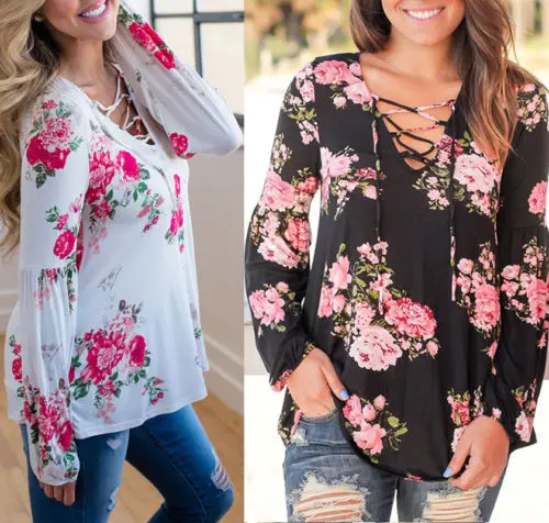 Модная женская Свободная блузка с цветочным принтом на шнуровке осень 2017