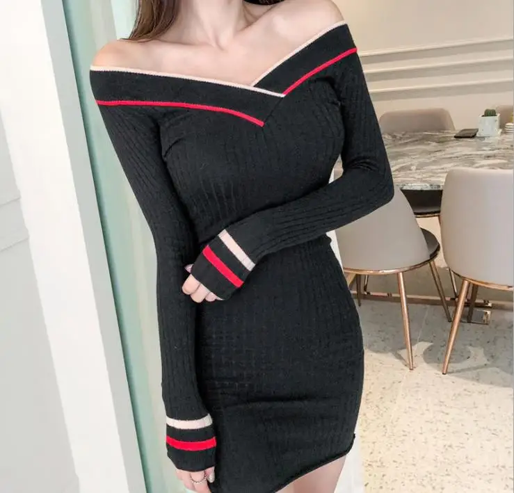 

Spring and autumn women's knit tight dress temperament fashion word collar slim tight dress elegant sexy