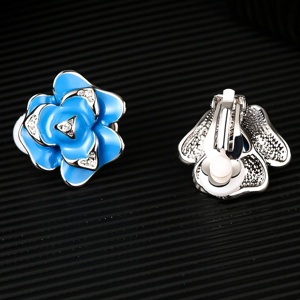 SUKI S925 Silver Blue Enamel Rose White Crystal from Austrian Pave Party Multilayer Clip on Earrings For Women Girls Gift | Украшения и