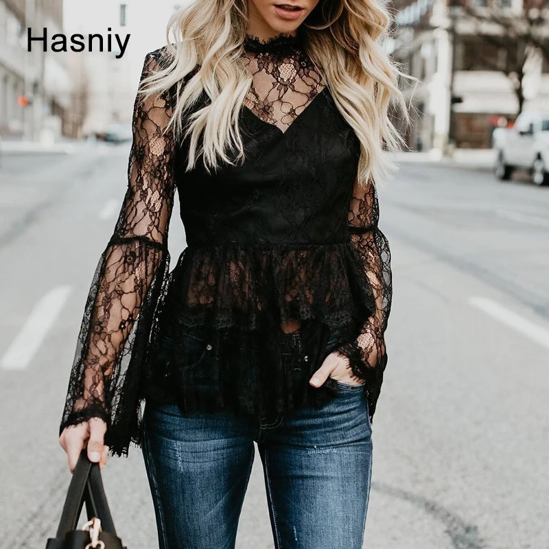 Hasniy 2018 пикантные прозрачные Шифоновая блузка женская на молнии с расклешенными