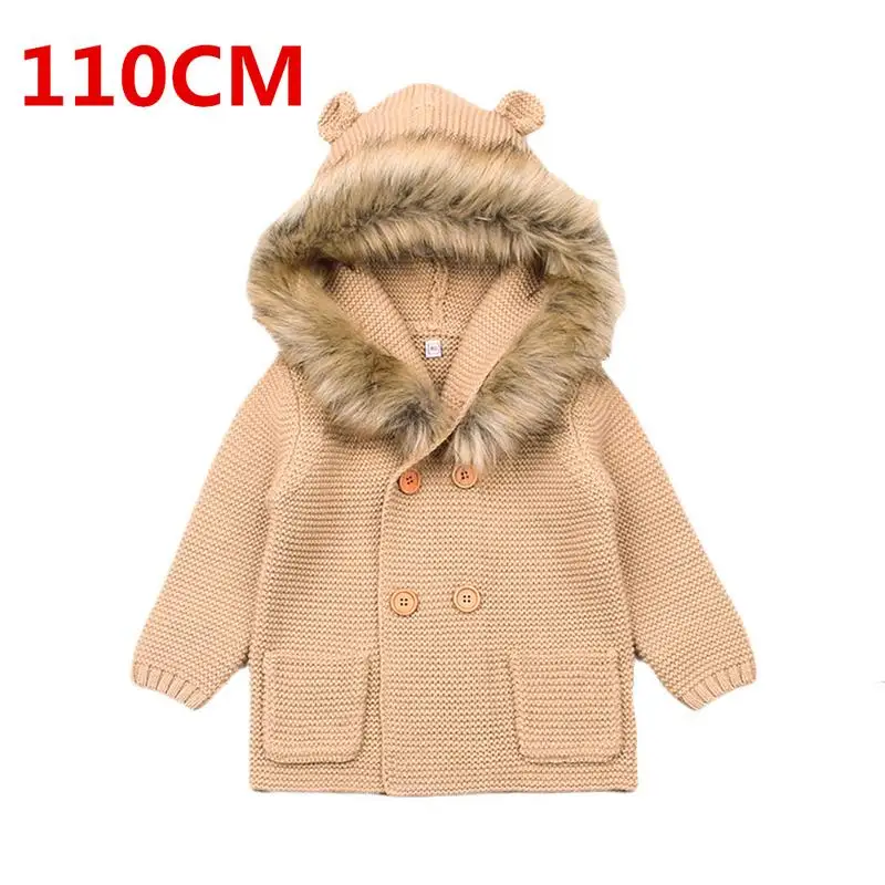 Khaki 110cm Модная вязаная одежда для малышей с милыми медвежьими ушками; Детский свитер с капюшоном с меховым воротником и длинными рукавами; кардиган; свитер - Цвет: Khaki 110cm