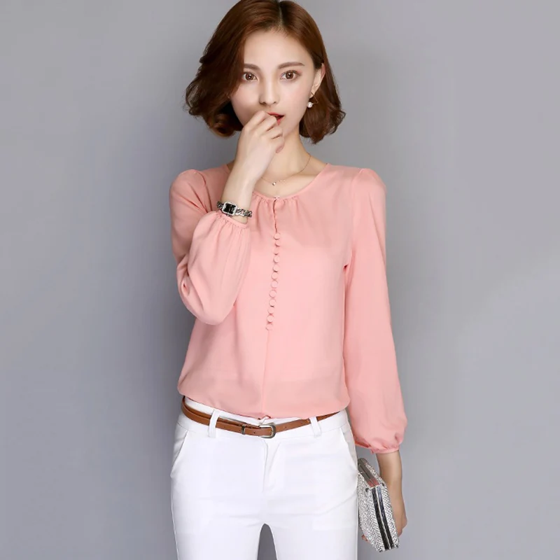 2019 Модные женские осенние шифоновые рубашки с круглым вырезом и длинным рукавом