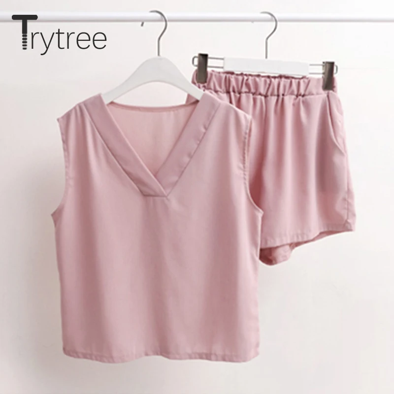 Trytree летний женский костюм из двух предметов Повседневное шелковистой v образные