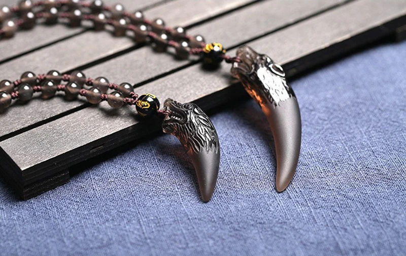 Wolf tooth Obsidian Pendant Necklace Amulets And Talismans Couple Natural Stone Necklace For Women Men Lucky Jewelry