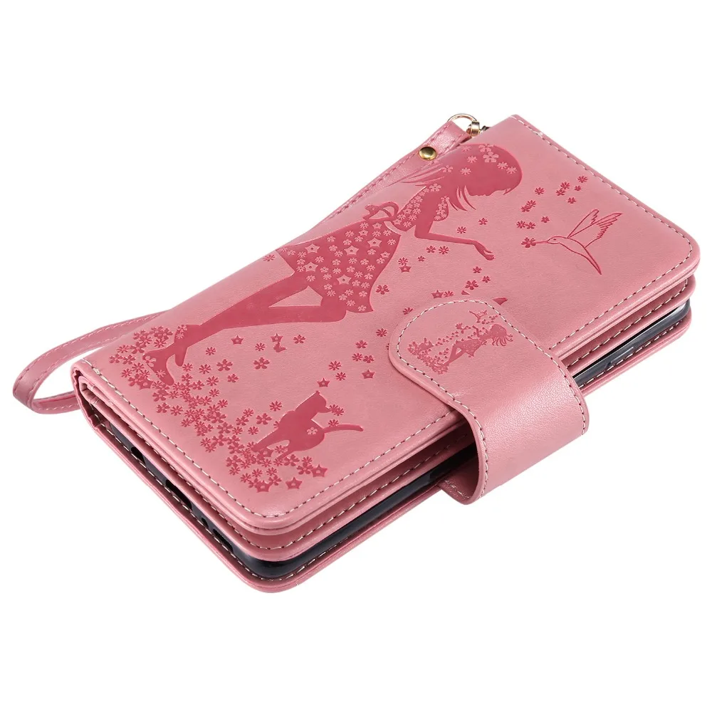 Card Slot Mirror Beautiful girl and cute cat case for Samsung Galaxy S10 plus Leather Beauty Female Handbag phone cases Coque |