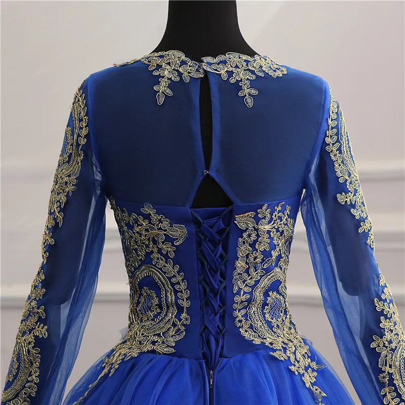 Новинка Vestidos de Noiva, Королевский синий тюль, винтажное свадебное платье с длинными рукавами, Золотая кружевная вышивка, аппликация для невесты, свадебное платье для невесты