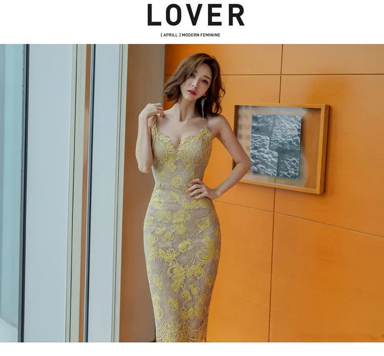 Sexy Embroidered Floral Lace Dresses Women Spaghetti Strap V-neck Bodycon Dresses Office Lady Lace Midi Dress M19071122