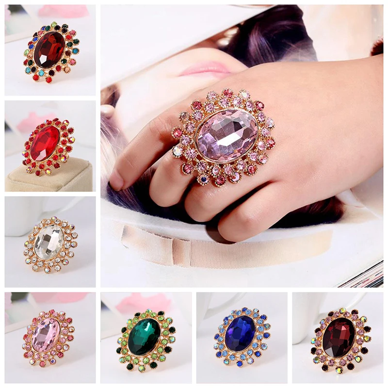 Ретро очаровательное овальное большое хрустальное кольцо массивные Стразы