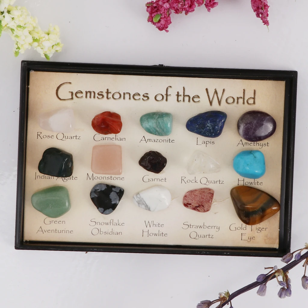 

Rock & Mineral Collection Mixed Gemstone Crystals Natural Mineral Ore Specimens with Box, Earth Science Toy - Pack Of 15