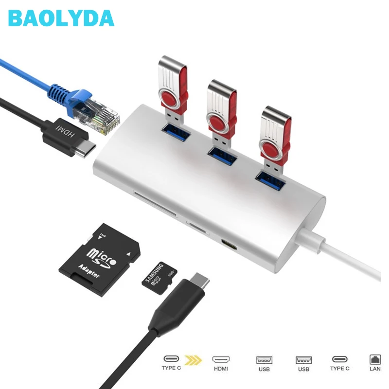 Baolyda USB C концентратор к Gigabit Ethernet Rj45 Lan адаптер для Macbook Type HDMI конвертеры Thunderbolt 3