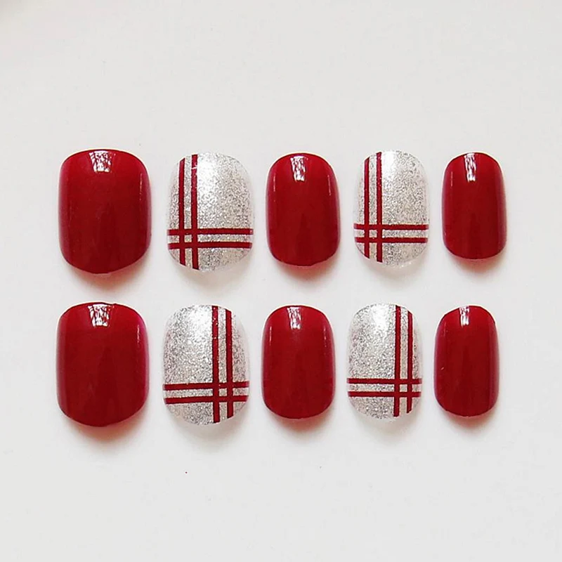 Новинка 24 шт./компл. яркие винно красные двойные линии Готовые накладные ногти