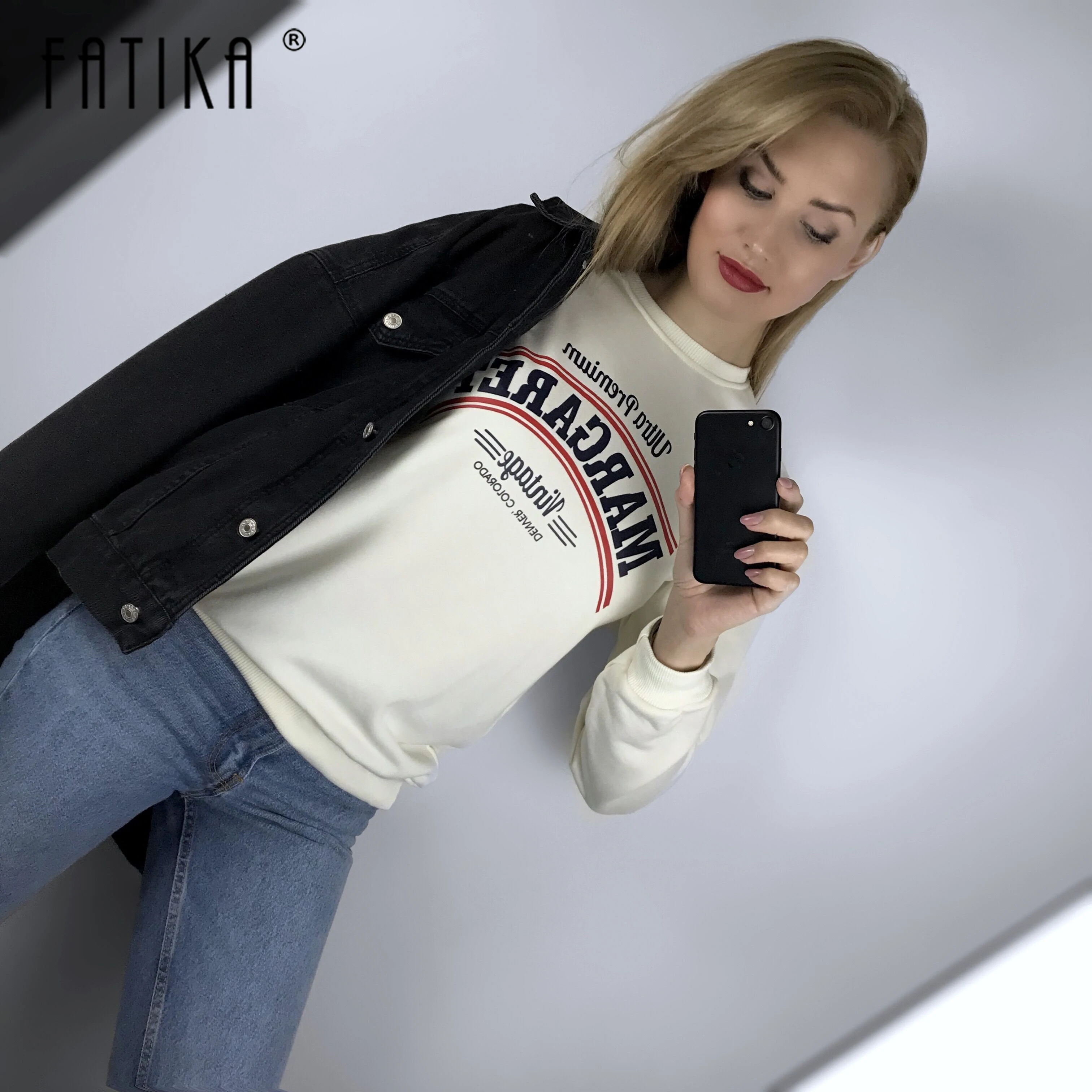 FATIKA, Женская Весенняя Осенняя винтажная толстовка, хлопок, длинный рукав, o-образный вырез, свободный свитер с буквенным принтом, повседневные топы, верхняя одежда