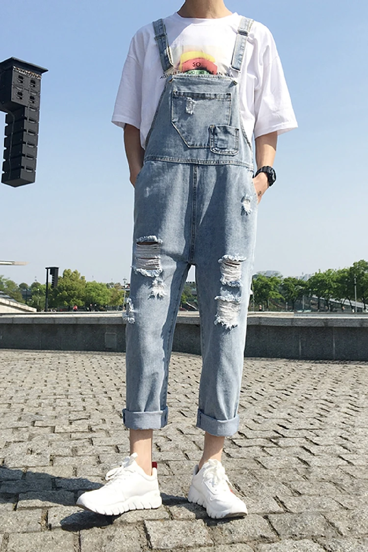 

S-XXL!! Summer tide brand personality washed hole men's jeans nine pants Harajuku style men and women models bib pants