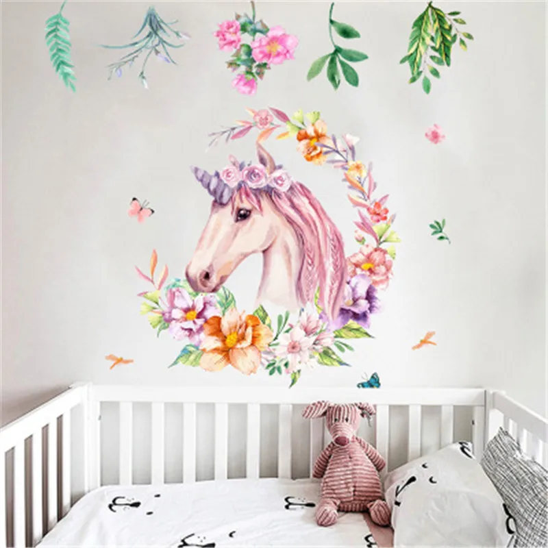 Nordic Style Flower Unicorn Wall Sticker For Kids Room Home Decor Animal Decals Nursery Baby Bedroom Mural | Дом и сад